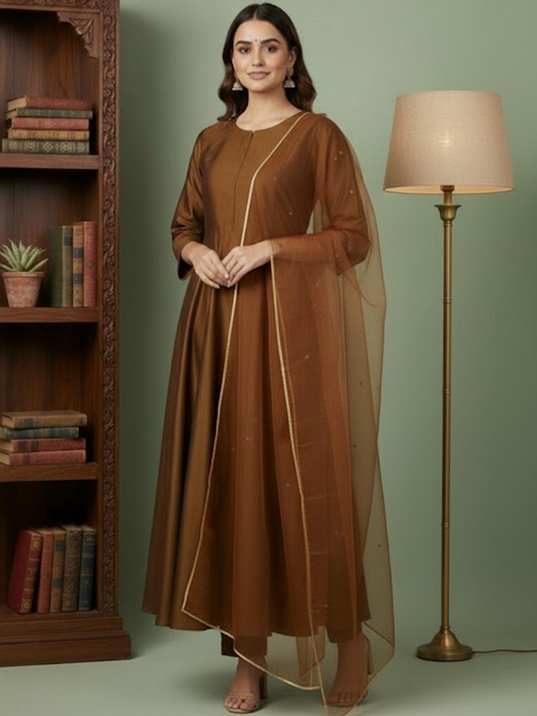 Solid Anarkali Kurta with Trouser & Dupatta