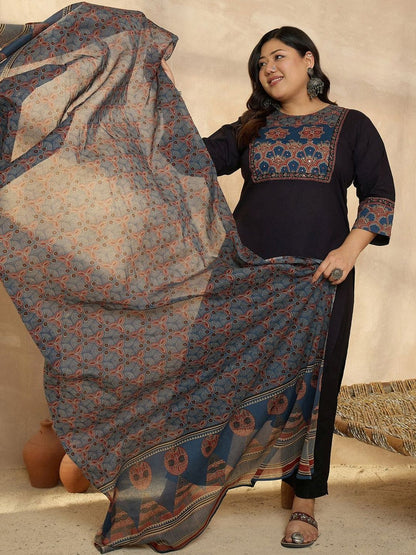 Dhiyona Women's Ethnic Motifs Embroidered Regular Beads and Stones Kurta with Trousers & With Dupatta