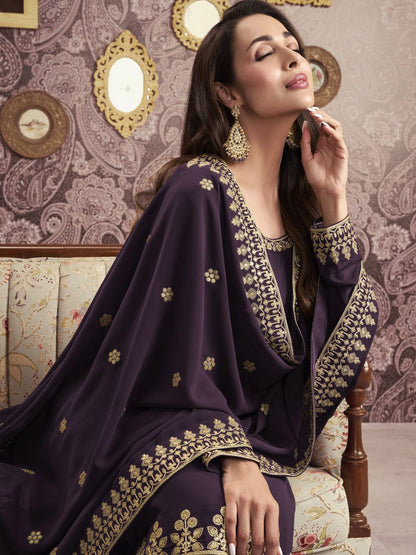 Dhiyona IN Ethnic Motifs Embroidered Georgette Straight Kurta With Palazzos & Dupatta