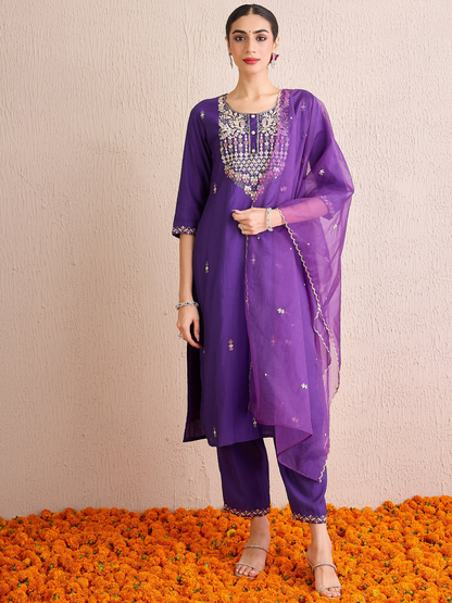 Women's Purple Embroidered Straight Kurta Trousers With Dupatta Set