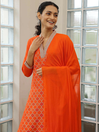 Women's LB Orange Woven Design Silk Blend Straight Suit With Dupatta