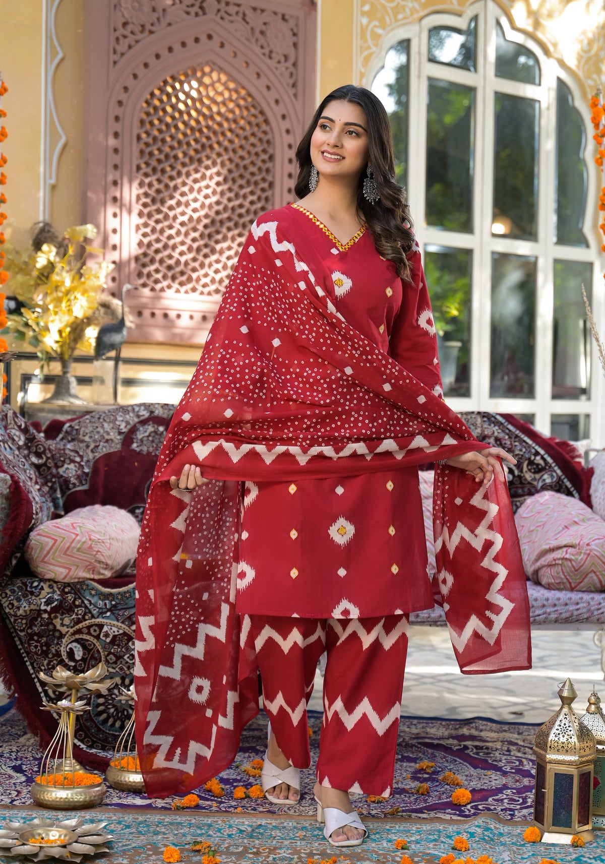 ARANYA VERMILLION IKAT PRINT COTTON SUIT SET