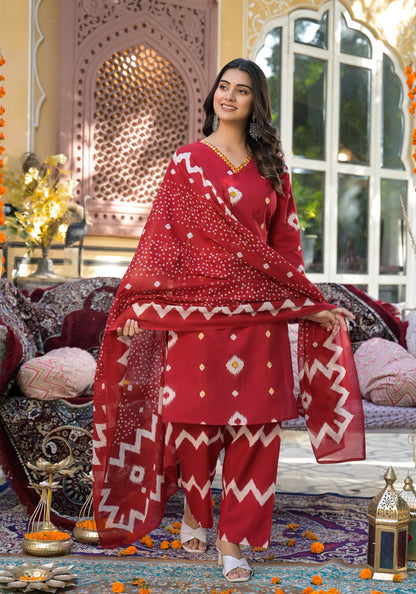 ARANYA VERMILLION IKAT PRINT COTTON SUIT SET
