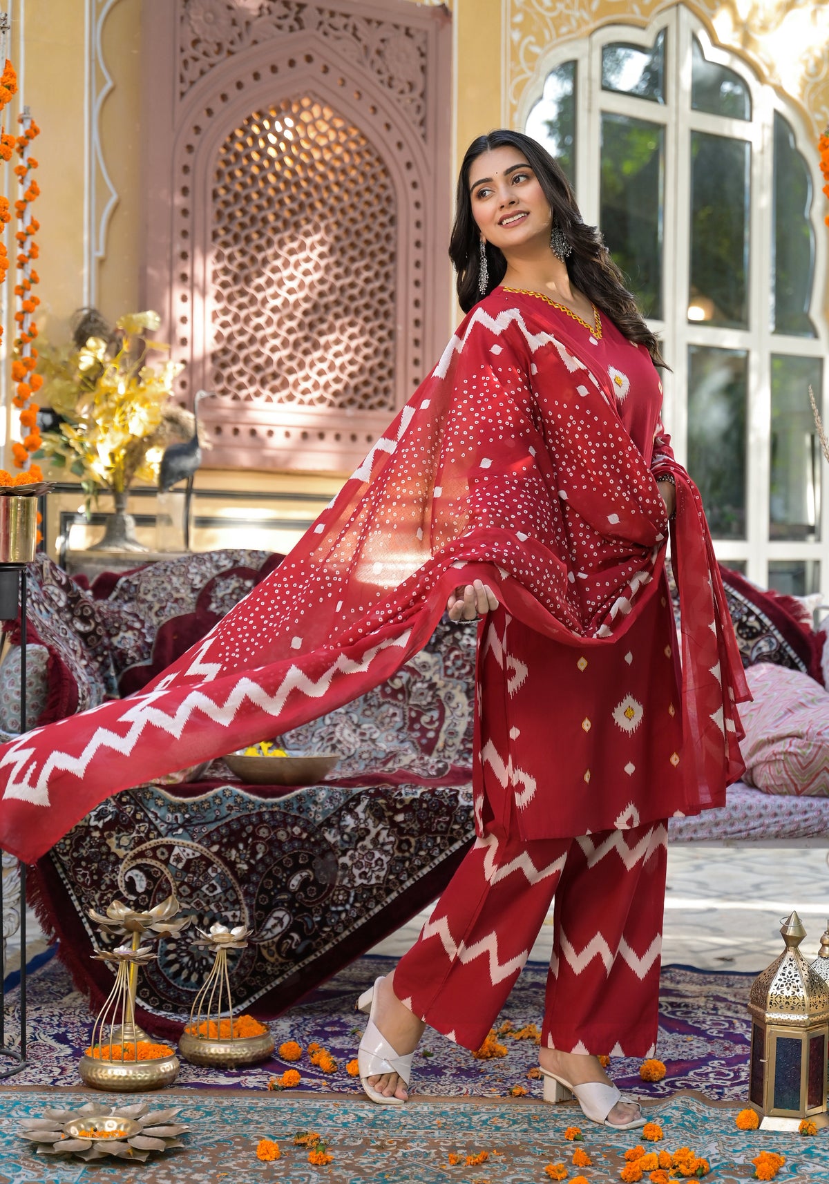 ARANYA VERMILLION IKAT PRINT COTTON SUIT SET