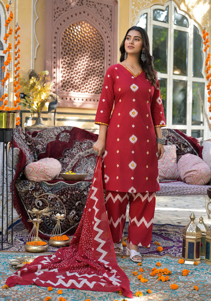 ARANYA VERMILLION IKAT PRINT COTTON SUIT SET