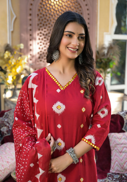 ARANYA VERMILLION IKAT PRINT COTTON SUIT SET