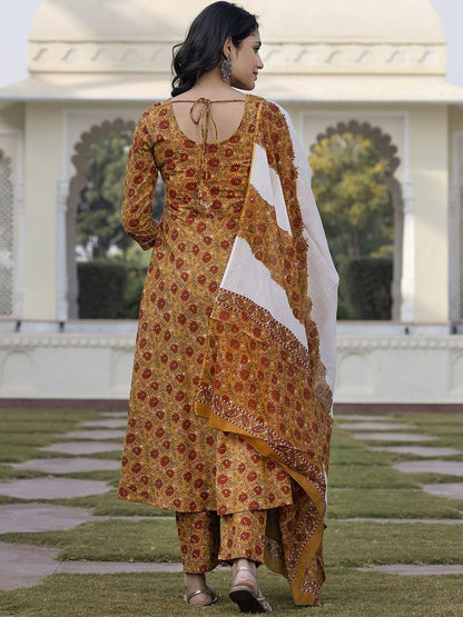 Dhiyona KL Floral Printed Thread Work Pure Cotton Anarkali Kurta With Trouser & Dupatta