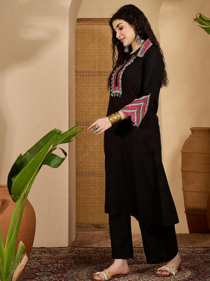 Women Black Embroidered Rayon A-Line Kurta Set