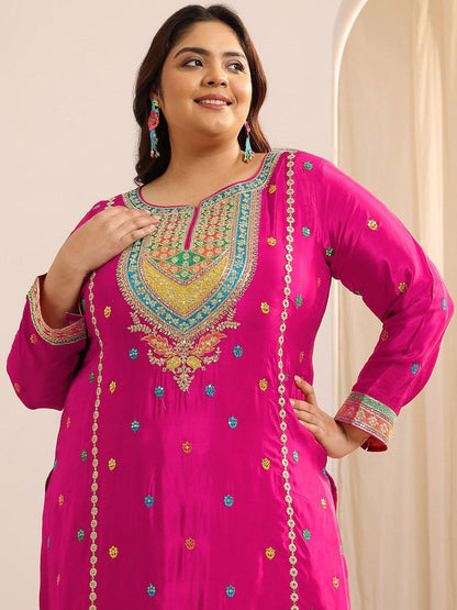 Dhiyona Women's Plus Size Ethnic Motifs Embroidered Kurta with Sharara & Dupatta