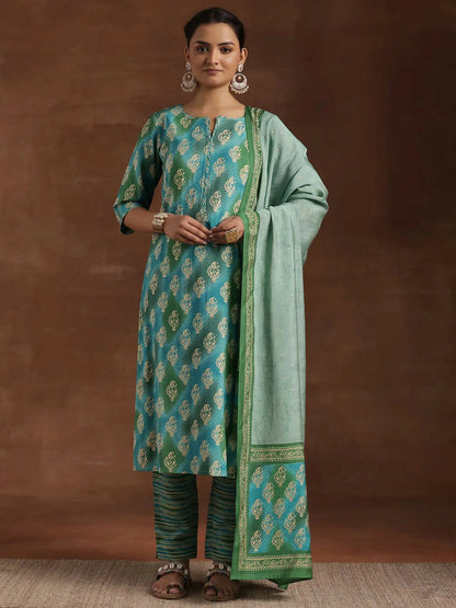 Women's LB Blue Printed Silk Blend Straight Suit With Dupatta