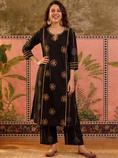 Embroidered Pure Cotton Round Neck Kurta & Trousers