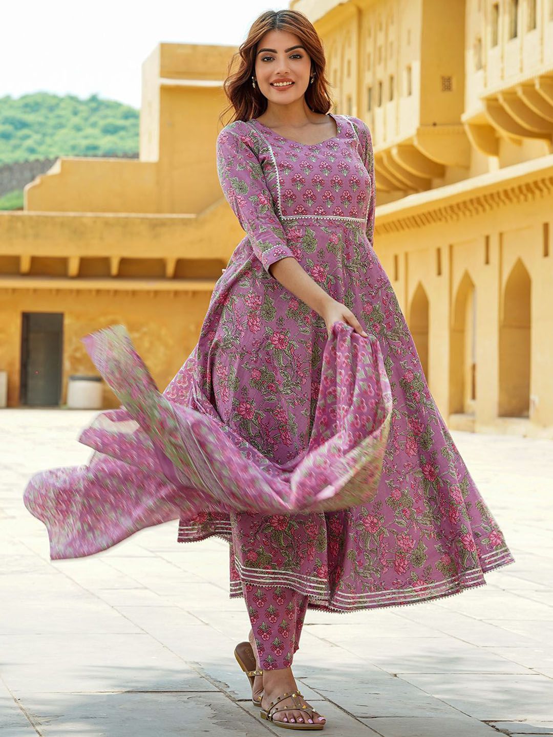 Dhiyona KL Floral Printed Gotta Patti Pure Cotton Anarkali Kurta With Trousers & Dupatta