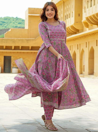Dhiyona KL Floral Printed Gotta Patti Pure Cotton Anarkali Kurta With Trousers & Dupatta