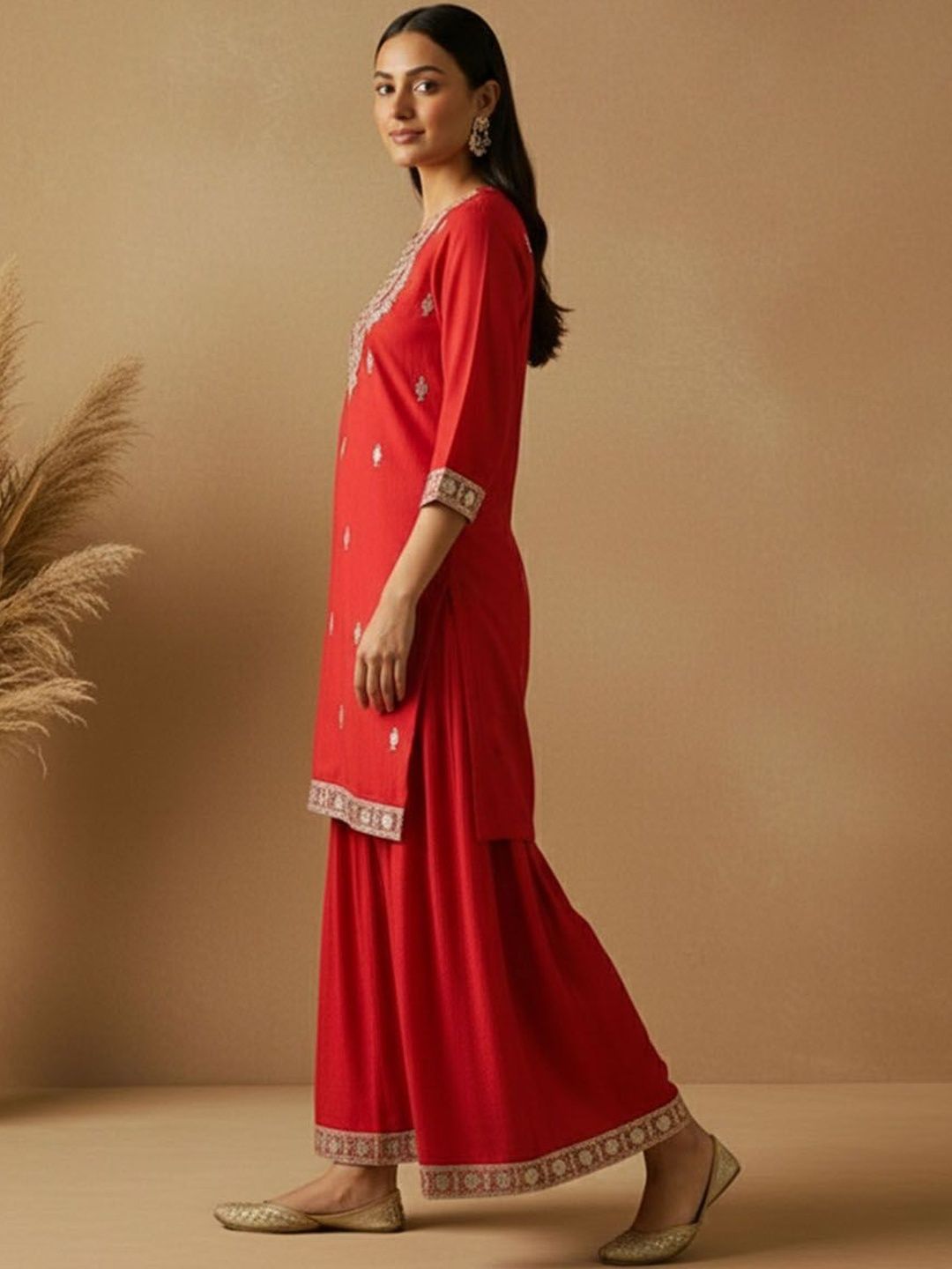 Dhiyona AN Women Ethnic Motifs Embroidered Regular Thread Work Kurta with Sharara & With Dupatta