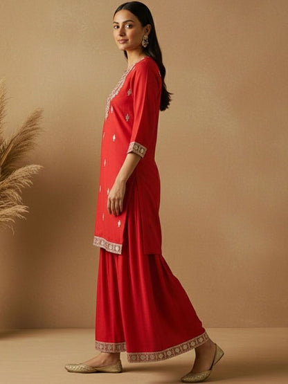 Dhiyona AN Women Ethnic Motifs Embroidered Regular Thread Work Kurta with Sharara & With Dupatta