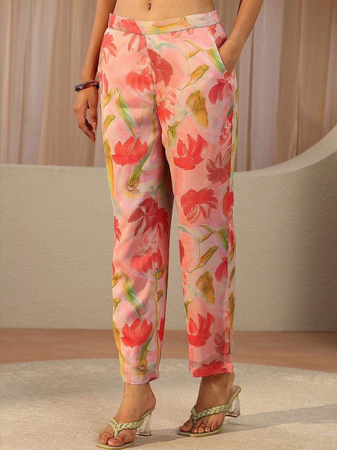 Peach Pink Floral Printed Chiffon A-line Kurta Set