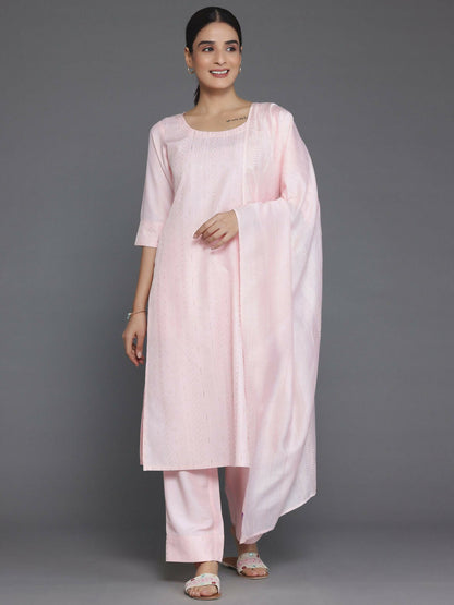 Women's LB Peach Self Design Silk Blend Straight Suit With Dupatta