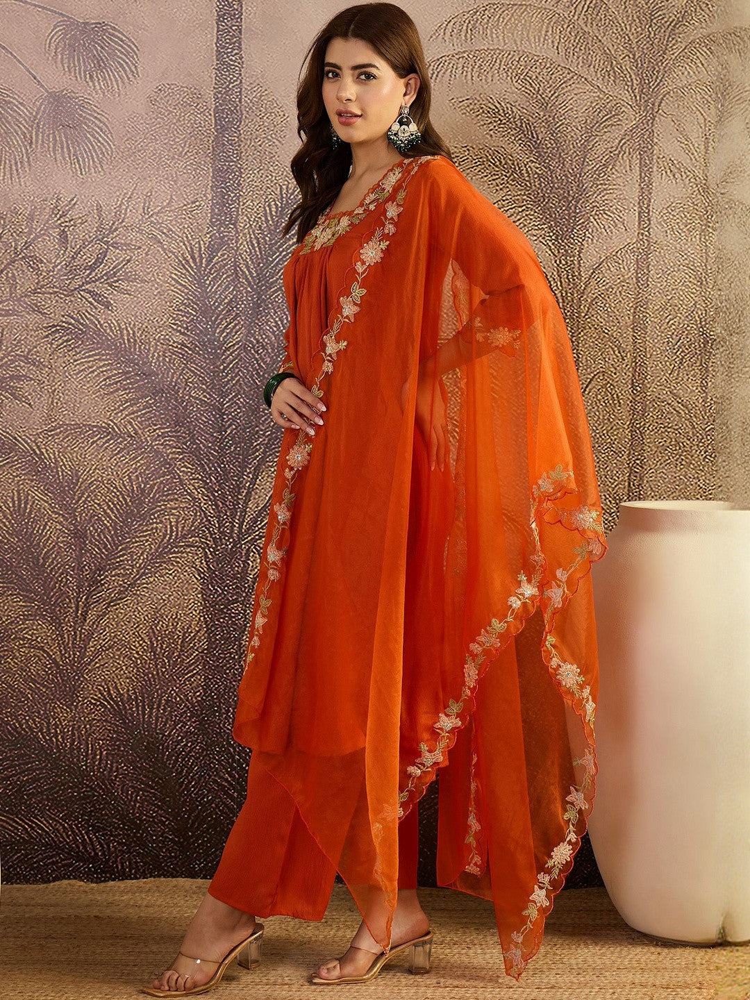 Floral Embroidered Kurta & Trousers with Dupatta Set