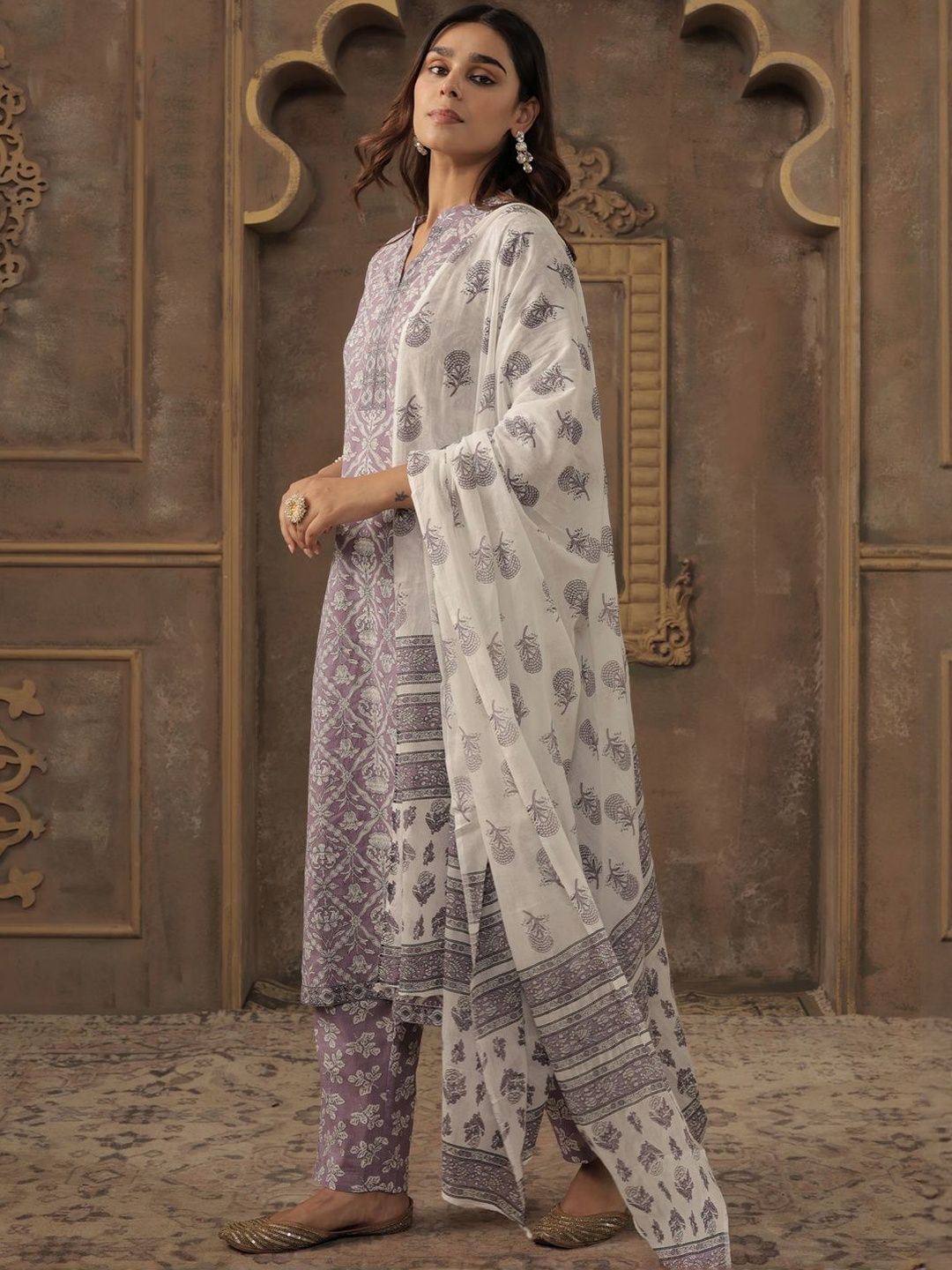 Floral Printed Pure Cotton Mandarin Collar Straight Kurta With Trousers & Dupatta