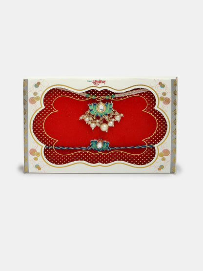 Dhiyona Unisex Set Of 2 Turquoise Blue Lotus Shape Kundan-Studded Handcrafted Rakhi Set