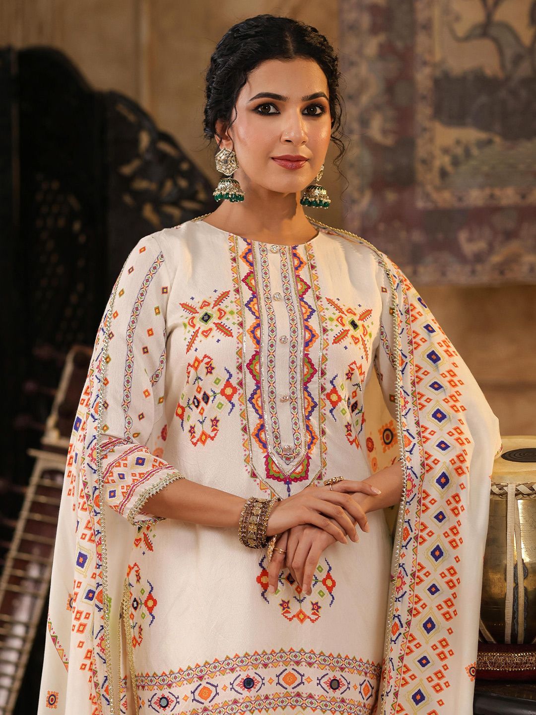 Dhiyona SC Geometric Printed Mirror Work Chanderi Silk Kurti with Sharara & Dupatta