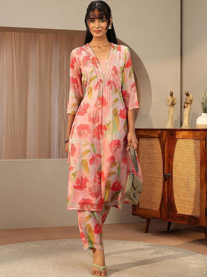 Peach Pink Floral Printed Chiffon A-line Kurta Set
