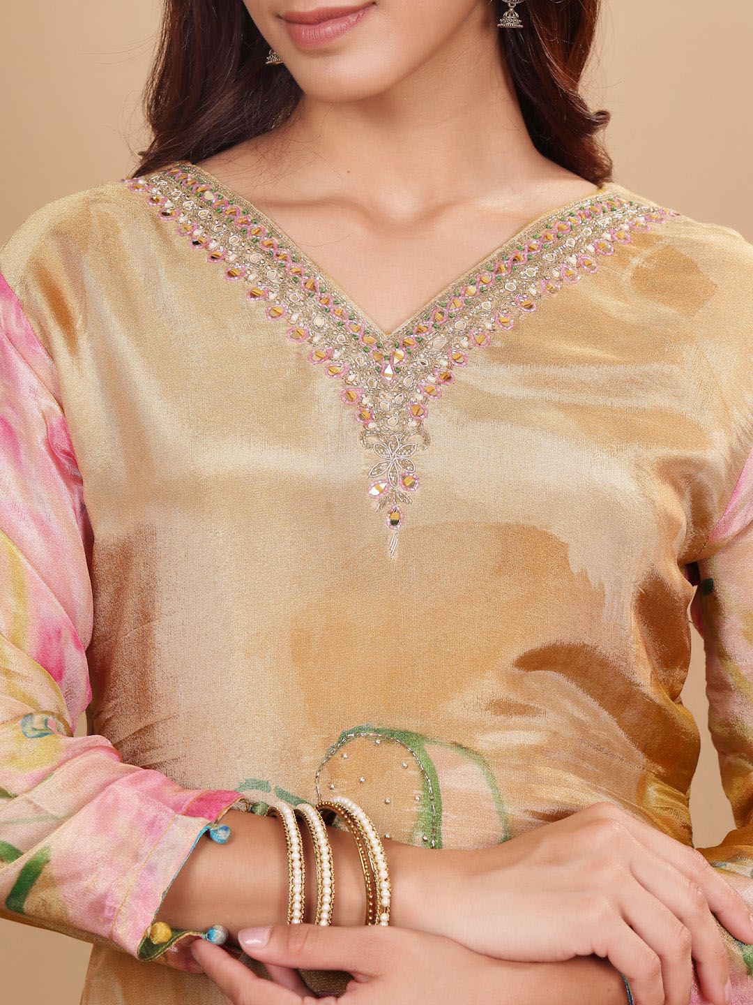 Dhiyona VA Floral Embroidered Pure Silk Straight Kurta with Palazzos & With Dupatta