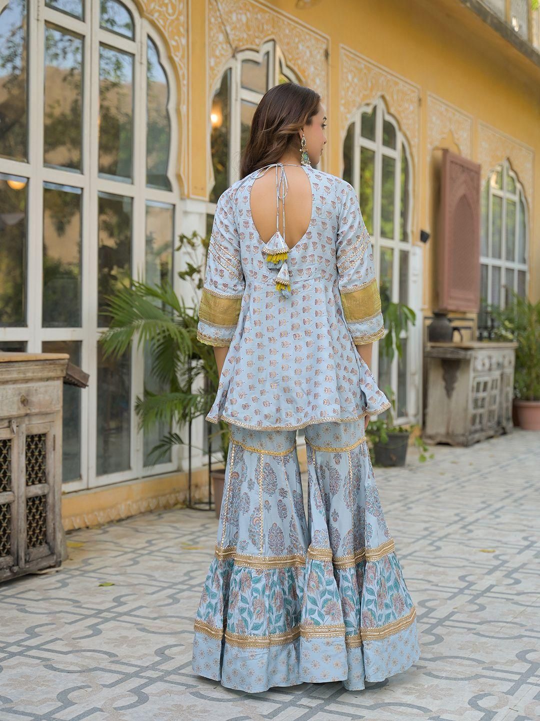 Dhiyona KL Women Blue Viscose Rayon Kurti With Sharara & Dupatta