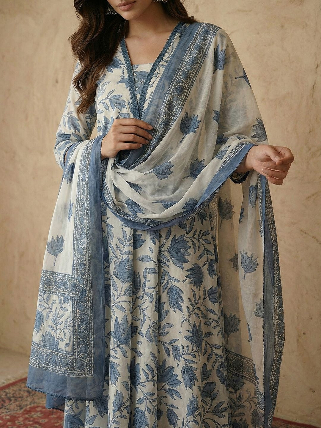 Printed V-Neck Kurta & Trousers With Dupatta