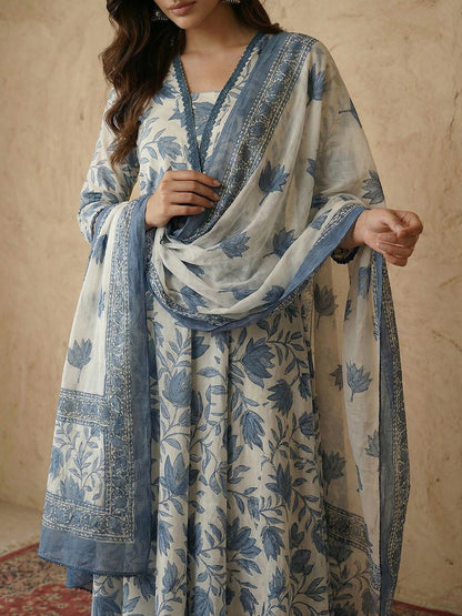 Printed V-Neck Kurta & Trousers With Dupatta