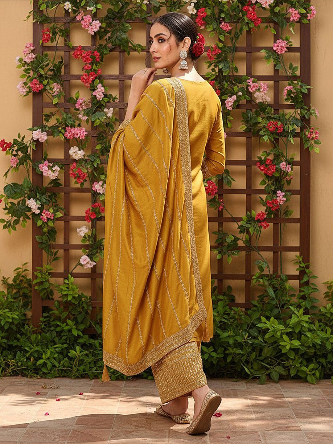 Dhiyona KL Floral Embroidered Sequinned Kurta With Palazzos & Dupatta