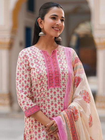 Dhiyona RR Women's Ethnic Motifs Printed Lace Work Pure Cotton Kurta Set With Dupatta