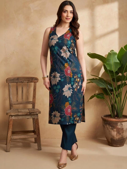 Printed V-Neck Kurta & Trousers