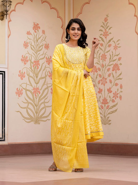 Dhiyona KL Women Ethnic Motifs Printed Regular Pure Cotton Kurta with Trousers & With Dupatta