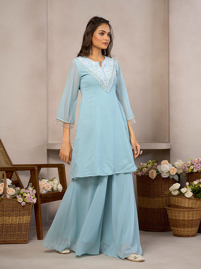 Dhiyona CH Floral Embroidered Round Neck Beads And Stones A-Line Kurta With Palazzos