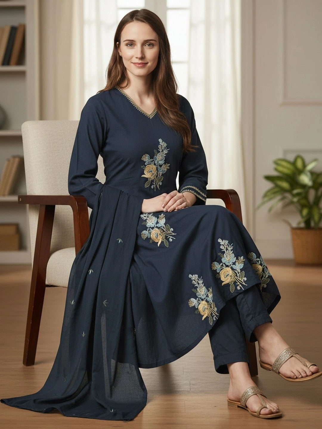 Dhiyona SN Women Floral Embroidered Regular Thread Work Pure Cotton Kurta with Trousers & With Dupatta
