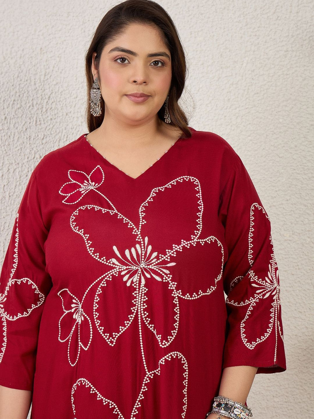 Plus Size Maroon Embroidered Straight Kurta Palazzos Set