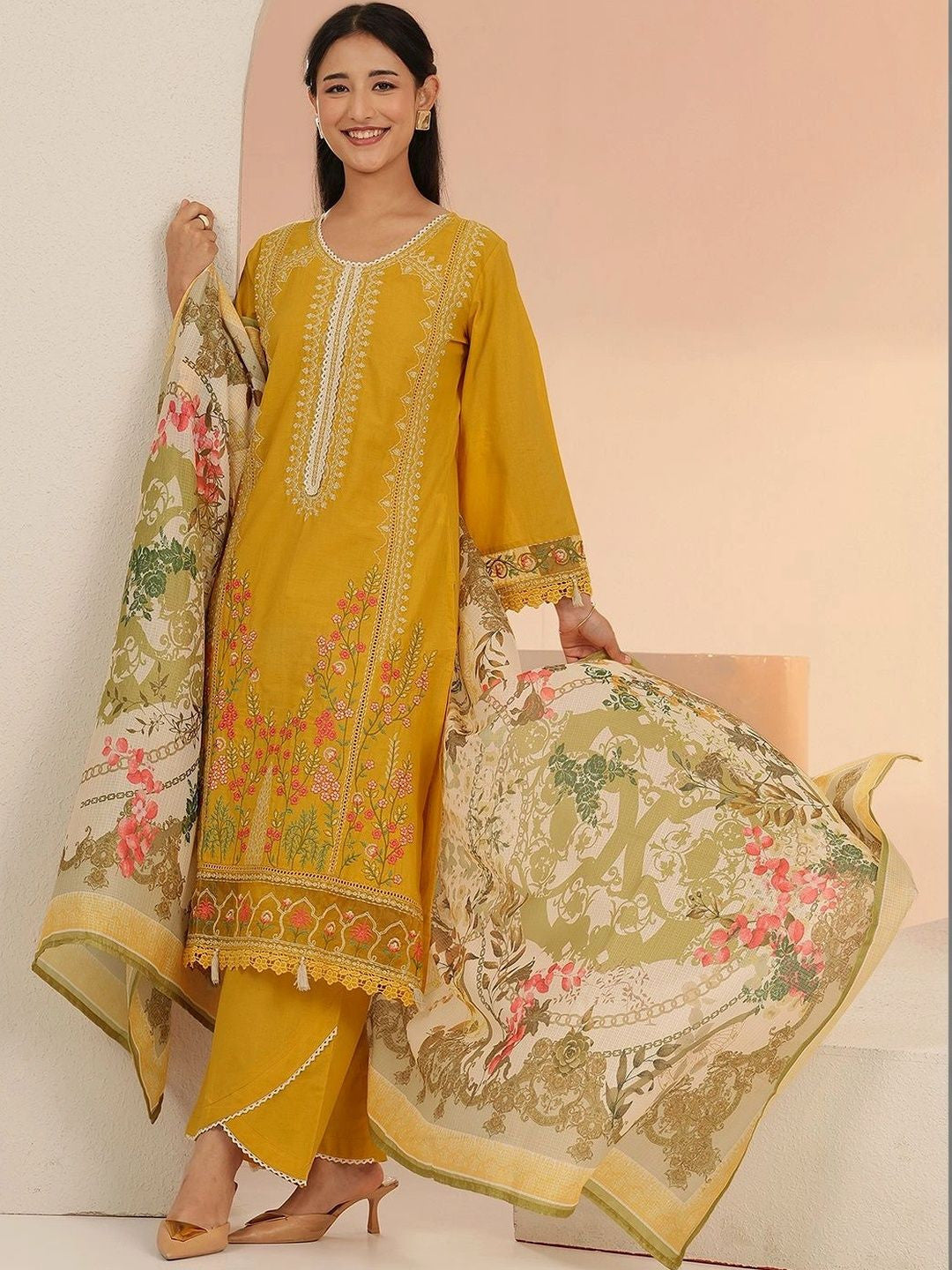 Mustard Floral Embridered Cotton Straight Suit Set