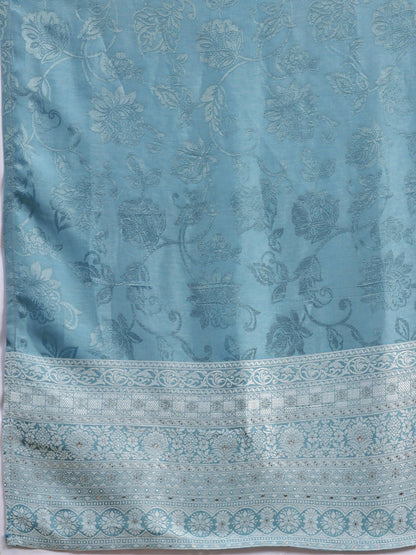 Women's LB Blue Woven Design Silk Blend Straight Suit With Dupatta