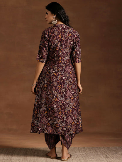 Women's LB Wine Printed Silk Blend A-line Kurta With Salwar