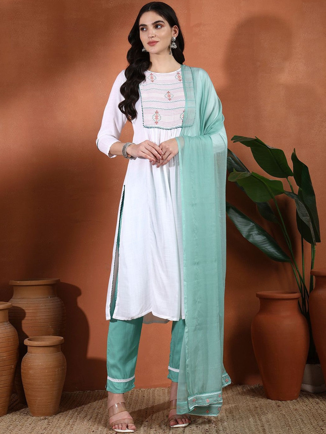 Dhiyona SN Women Ethnic Motifs Embroidered Kurta with Trousers & With Dupatta