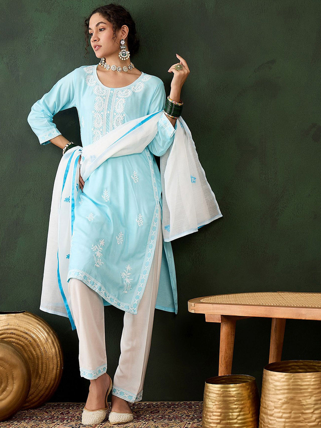 Ethnic Motifs Embroidered Thread Work Pure Cotton Kurta with Trousers & Dupatta