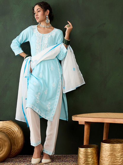 Ethnic Motifs Embroidered Thread Work Pure Cotton Kurta with Trousers & Dupatta
