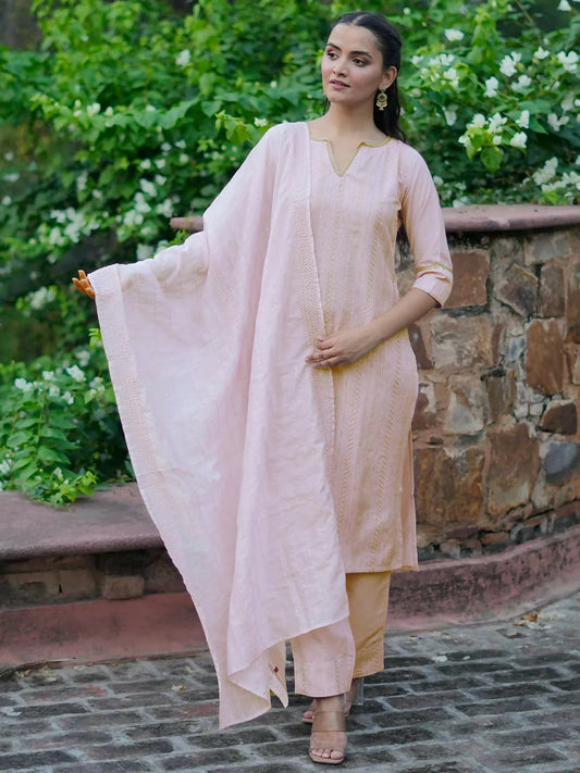 Women's LB Pink Self Design Silk Blend Straight Suit With Dupatta