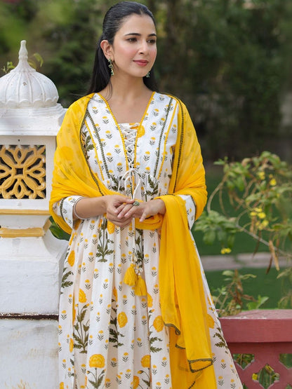 Dhiyona RR Women's Floral Printed Regular Pure Cotton Kurta & Trousers With Dupatta
