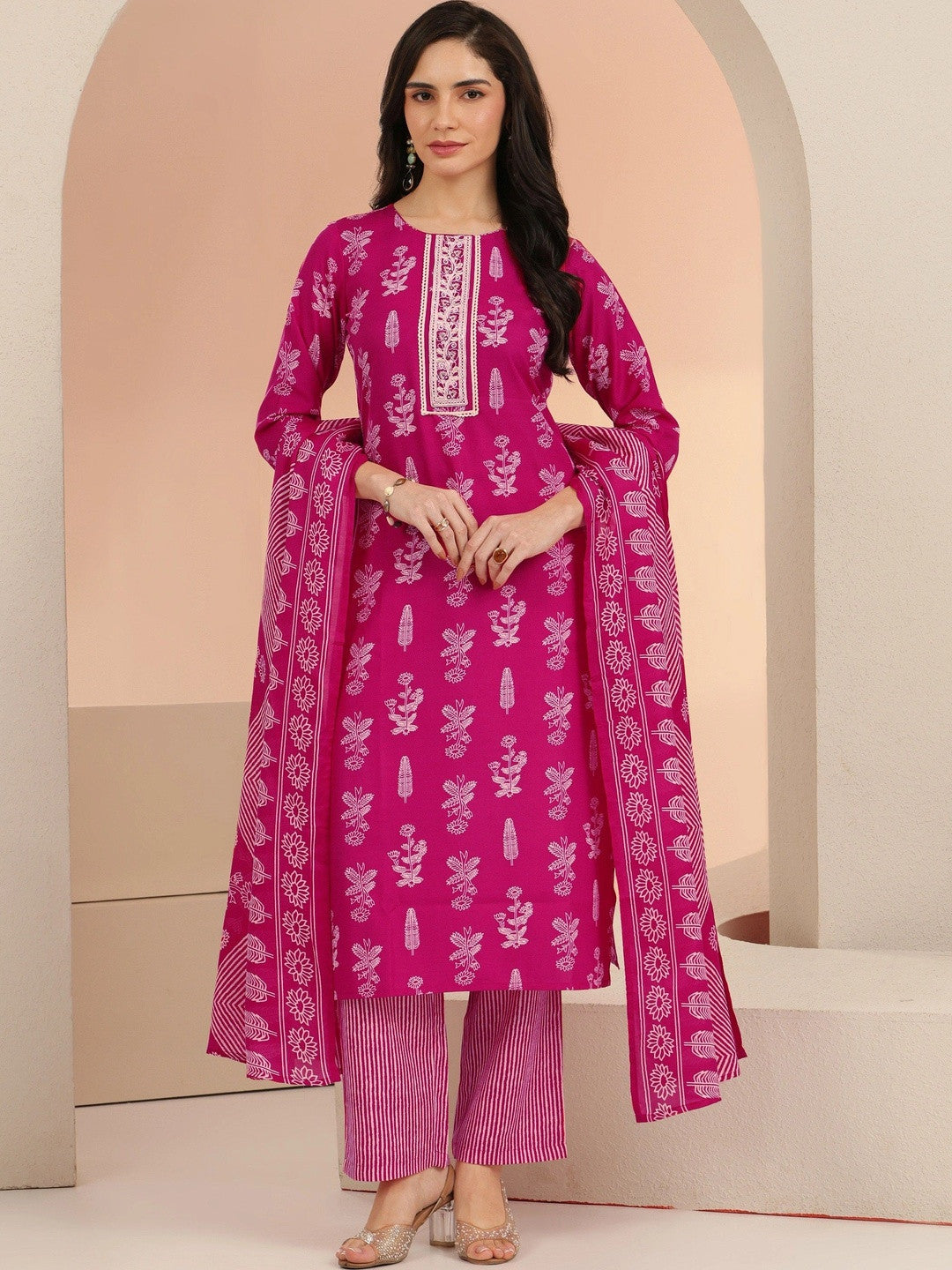 Rani Pink Floral Printed Cotton Blend Straight Suit Set