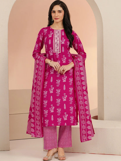 Rani Pink Floral Printed Cotton Blend Straight Suit Set