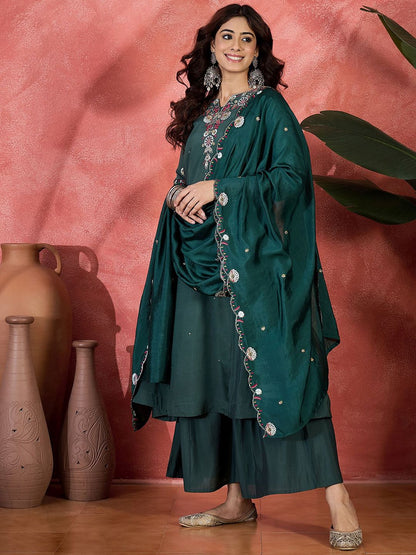 Dhiyona SN Floral Embroidered Thread Work A-Line Kurta & Palazzo With Dupatta
