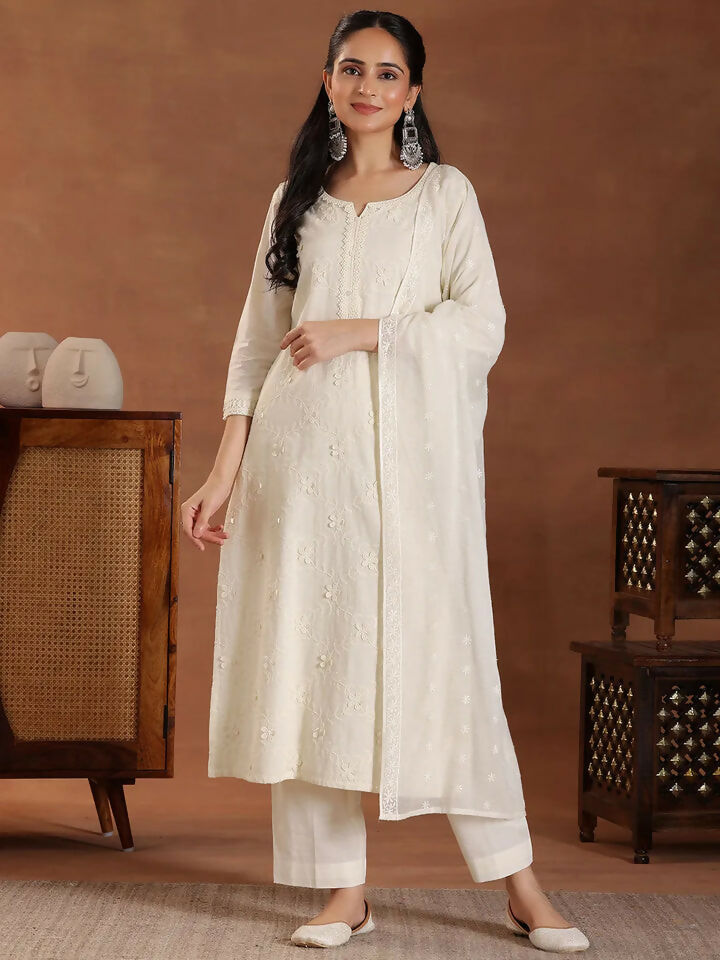 Women's LB Off White Embroidered Cotton Straight Suit With Dupatta