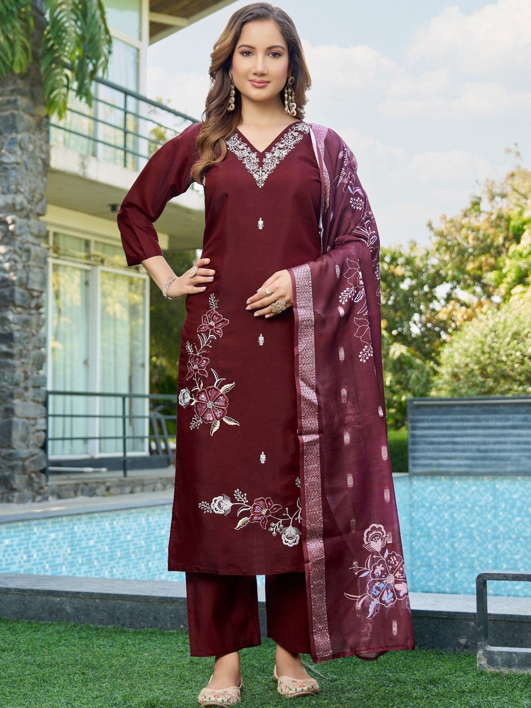 Embroidered V-Neck Kurta & Trousers With Dupatta